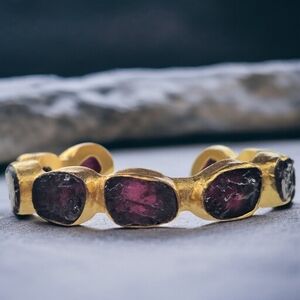 24k Gold Plated Artisan Raw Genuine Chunky Garnet Cuff Bangle Bracelet